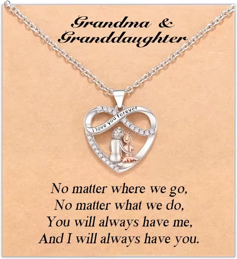Grandma Granddaughter Necklace W Wish Card, Infinity Heart Pendant Birthday Mother's Day Christmas Gifts