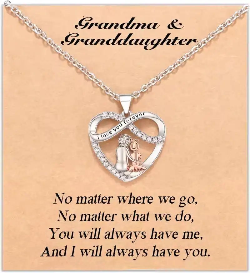 Grandma Granddaughter Necklace W Wish Card, Infinity Heart Pendant Birthday Mother's Day Christmas Gifts