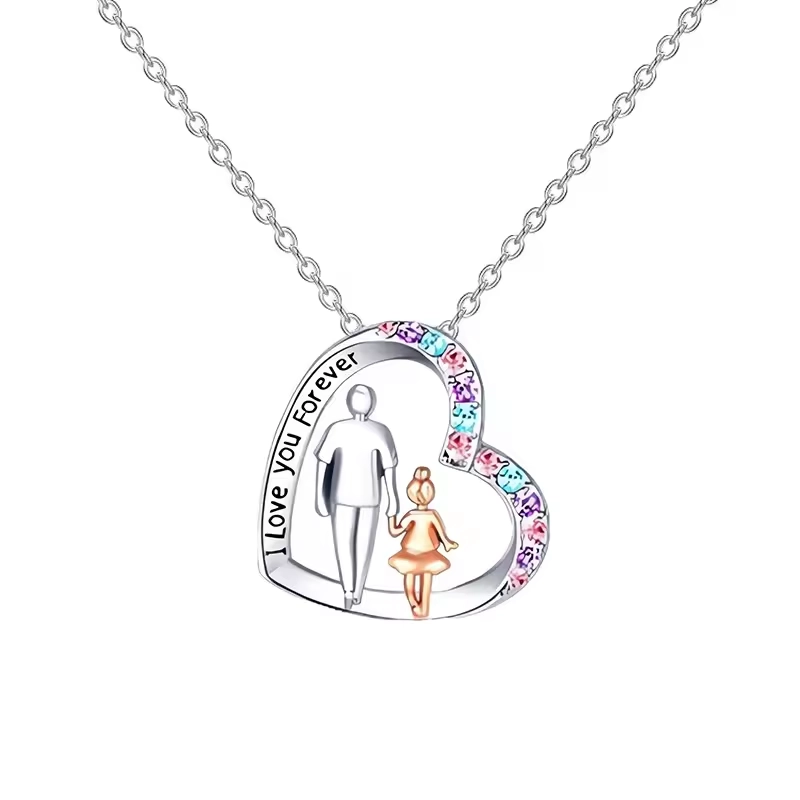 Cute I Love You Forever Dad And Daughter Necklace Colorful Crystal Heart Pendant Necklaces For Girls Jewelry