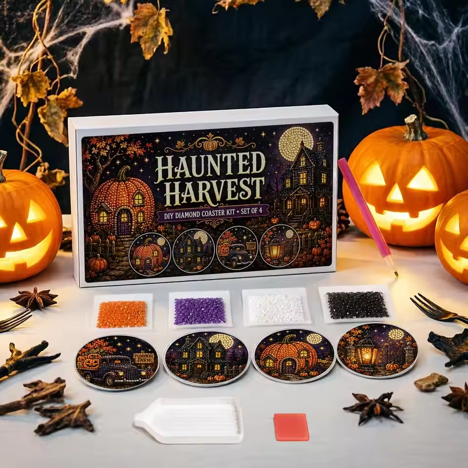 Pearl Painting Kits For Adults DIY Spooky Ghost Witch Acrylic Non-Slip Coaster Making Halloween Pearl