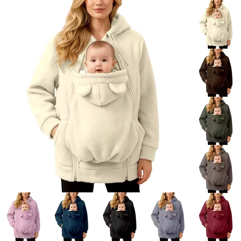 Autumn Winter Kangaroo Baby Carrier Hooded Jackets For Women Casual Hooded Mommy Outerwear