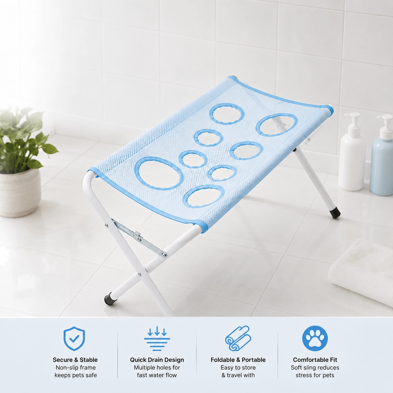 Foldable Pet Grooming Table Adjustable Dog Cat Hair Brushing Bath Stand Multi-Hole Non-Slip Portable Grooming
